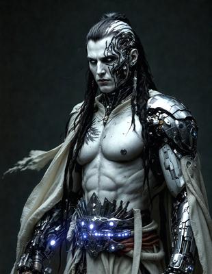 The primary subject of the image is a man with a metal body, wearing a white robe and a scarf. He appears to be a cyborg or a robotic character. The setting is a dark room, and the visual style is a combination of digital art and illustration. The colors in the image are predominantly dark, with the man's metal body and the white robe being the main focus. The overall atmosphere of the image is mysterious and intriguing.